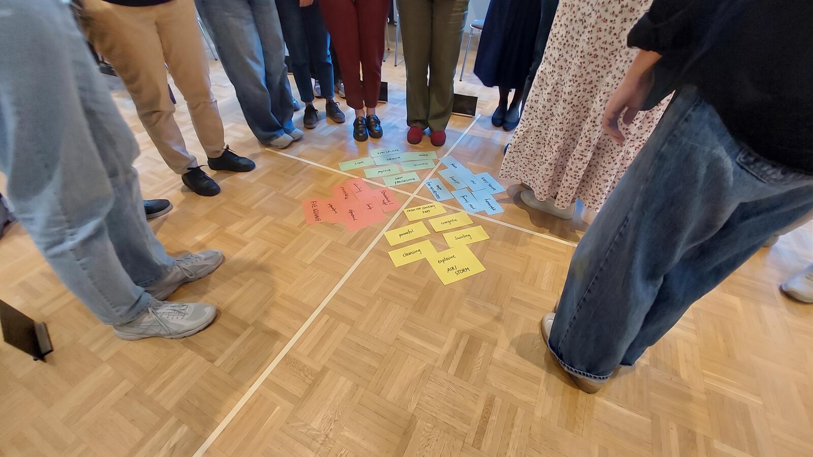 Teilnehmende eines Führungskräfte-Trainings stehen im Kreis um Moderationskarten auf dem Boden